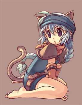 ahoge animal_ears armor bandana bandana_around_neck bare_legs barefoot belt between_legs blue_dress blue_headband braid braided_ponytail brown_bandana brown_belt brown_sleeves brown_tail cat_ears cat_girl cat_tail detached_sleeves dress full_body grey_eyes grey_hair hair_tie hand_between_legs headband looking_to_the_side lowres nayatrei nexon official_art pauldrons shoulder_armor sidelocks simple_background single_braid sitting striped_tail tail tales_weaver tiv wariza