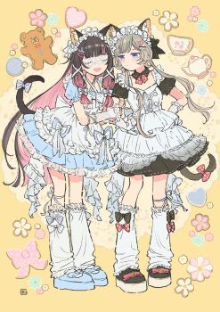 2girls alternate_costume animal_ear_fluff animal_ears black_hair blue_eyes bow brown_hair cat_ears cat_tail colored_inner_hair columbina_(genshin_impact) commentary_request cup dress enmaided eye_mask flower frilled_dress frills full_body genshin_impact hair_ornament hairclip highres kemonomimi_mode leg_warmers long_hair looking_at_another maid maid_headdress mask multicolored_hair multiple_girls pink_hair polka_dot polka_dot_bow puffy_short_sleeves puffy_sleeves sandrone_(genshin_impact) shiro_chan46 short_sleeves tail tail_bow tail_ornament teacup teapot very_long_hair white_headdress white_leg_warmers white_mask x-shaped_eyewear