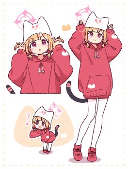 1girl :3 :d animal_hat arms_up blonde_hair blue_archive blunt_bangs blush cat_hat cat_tail chestnut_mouth chibi closed_mouth commentary_request drawstring full_body halo hat highres holding_own_hair hood hood_down hoodie long_sleeves momoi_(blue_archive) multiple_views nyan open_mouth pantyhose pantyhose_under_shorts pink_eyes pink_halo red_hoodie red_shoes red_shorts shoes short_hair short_shorts shorts simple_background sleeves_past_wrists smile standing tail v-shaped_eyebrows white_background white_hat white_pantyhose yoru_nai