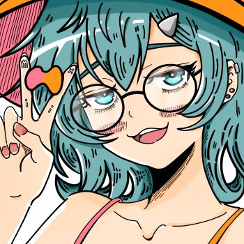 1girl aqua_eyes aqua_hair blush_stickers collarbone commentary_request earclip earrings glasses hair_ornament hairclip hat highres holding isuke_(isuke_now) jewelry medium_hair multiple_earrings open_mouth original portrait red_nails round_eyewear smile solo stud_earrings