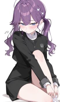 1girl ahoge bags_under_eyes black_jacket blue_eyes blush braid butterfly_hair_ornament closed_mouth commentary_request cropped_jacket dressing ear_piercing gakuen_idolmaster gokugetsu_academy_school_uniform hair_ornament high-waist_skirt highres idolmaster jacket kaya_rinha knee_up long_hair long_sleeves looking_at_viewer piercing purple_hair putting_on_legwear ryouta_(ryouta335) school_emblem school_uniform shirt simple_background sitting skirt solo sweat twintails white_background white_shirt