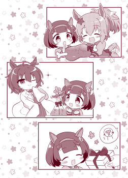 3girls agnes_tachyon_(umamusume) ahoge animal_ears beaker blush_stickers boned_meat box closed_eyes commentary_request ear_covers flower food gift gift_box hair_flower hair_ornament hairband highres horse_ears horse_girl horse_tail lab_coat long_sleeves meat monochrome multiple_girls nishino_flower_(umamusume) one_eye_closed open_mouth own_hands_together pleated_skirt ponytail school_uniform short_hair skirt sleeves_past_fingers sleeves_past_wrists smile star_(symbol) star_hair_ornament t-head_trainer_(umamusume) taiki_shuttle_(umamusume) tail tail_wagging tracen_school_uniform trainer_(umamusume) umamusume x_hair_ornament yakata_mana