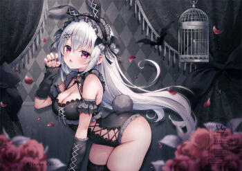 1girl animal animal_ear_hairband animal_ears artist_name bare_shoulders bat_(animal) birdcage black_hairband black_nails black_thighhighs blurry blurry_foreground blush bow breasts cage claw_pose cleavage commentary_request depth_of_field fake_animal_ears fake_tail fang flower grey_hair hair_between_eyes hairband hand_up kyuketsuki-chan_(mitsuba_choco) lace-trimmed_hairband lace-trimmed_sleeves lace_trim leaning_forward long_hair long_sleeves looking_at_viewer medium_breasts mitsuba_choco nail_polish original petals rabbit_ears rabbit_tail red_eyes red_flower red_rose rose rose_petals sleeves_past_wrists solo striped_bow tail thighhighs very_long_hair watermark