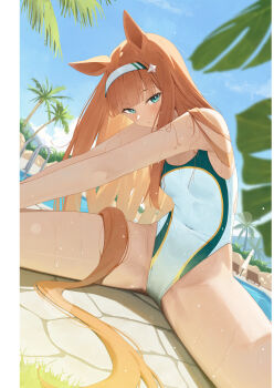 Rule 34 | 1girl, absurdres, alternate costume, animal ears, bad source, blue sky, blunt bangs, blush, breasts, chair, closed mouth, cloud, covered navel, dutch angle, green eyes, hair ornament, hairband, highres, horse ears, horse girl, horse tail, long hair, looking at viewer, lounge chair, ningen gokko, one-piece swimsuit, orange hair, outdoors, outstretched arms, palm tree, parasol, pool, pool ladder, silence suzuka (umamusume), sitting, sky, small breasts, solo, spread legs, stretching, swimsuit, tail, thighs, third-party source, tree, umamusume, umbrella, wet, white hairband, white one-piece swimsuit