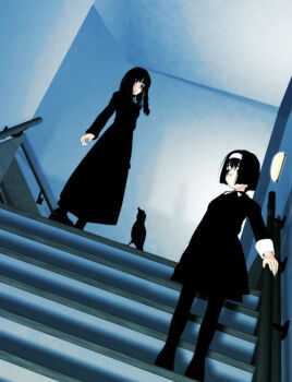 2girls 3d bird black_bird black_dress dress ekkusu_kyuuzu goth_fashion multiple_girls original stairs white_wrist_cuffs wrist_cuffs