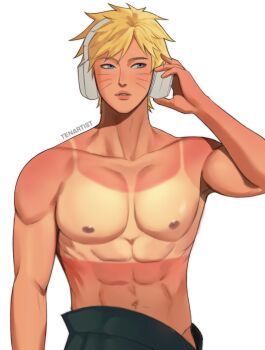 1boy abs artist_name black_pants blonde_hair blue_eyes commentary cowboy_shot facial_mark hashtag-only_commentary headphones heat_stroke_photoshoot_(meme) highres holding holding_headphones looking_to_the_side male_focus meme muscular muscular_male naruto_(series) navel nipples pants parted_lips pectorals short_hair simple_background spiked_hair symbol-only_commentary tan tanline teeth tenartistt uzumaki_naruto whisker_markings white_background