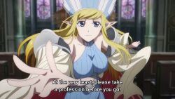 Rule 34 | 1girl, animated, anime screenshot, annette (isekai shikkaku), bare shoulders, blonde hair, blue dress, blue eyes, bouncing breasts, breasts, collarbone, dress, elf, hat, highres, isekai shikkaku, large breasts, long hair, pointy ears, shoulder plates, sideboob, sidelocks, sleeveless, sleeveless dress, sound, tagme, video