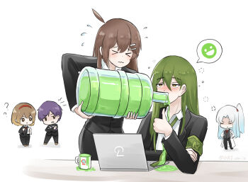 >:) >_< 2boys 3girls ? ahoge angela_(project_moon) anger_vein armband black_jacket black_pants black_suit blue_hair chibi coat computer cup drinking drunk enkephalin_(project_moon) formal_clothes green_armband green_hair highres hod_(project_moon) jacket laptop lobotomy_corporation long_hair malkuth_(project_moon) mug multiple_boys multiple_girls netzach_(project_moon) object_request one_side_up ori_oriio pants project_moon smile suit thumbs_up v-shaped_eyebrows wavy_mouth white_coat yesod_(project_moon)