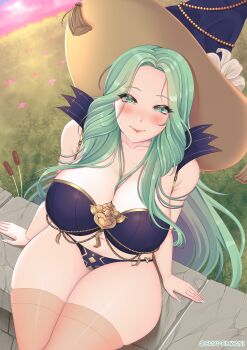 1girl absurdres arm_support blush breasts cleavage cryptid_crab curvy female_focus fire_emblem fire_emblem:_three_houses green_eyes green_hair halloween halloween_costume hat highres large_breasts long_hair looking_at_viewer matching_hair/eyes nail_polish nintendo rhea_(fire_emblem) sitting smile thick_thighs thighhighs thighs twitter_username white_nails witch_hat