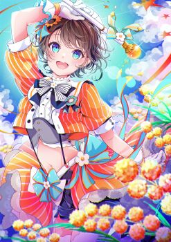 1girl :d absurdres arm_up award_ribbon back_bow bad_id bad_pixiv_id belt beret black_bow black_bowtie black_shorts blue_bow blue_eyes bow bowtie breasts brown_hair cloud corset cropped_jacket cropped_shirt day floral_bow flower frilled_gloves frills garter_straps glint gloves grey_corset hair_flower hair_ornament hat highres holding holding_wand hololive jacket lens_flare medium_breasts midriff muto_(n0sug4r) navel oozora_subaru oozora_subaru_(starlight) open_clothes open_jacket open_mouth orange_flower orange_jacket orange_overskirt outdoors overskirt pinstripe_jacket pinstripe_pattern puffy_short_sleeves puffy_sleeves shirt short_hair short_sleeves shorts smile solo striped_bow striped_bowtie striped_clothes striped_jacket sunflower sunflower_hair_ornament swept_bangs teeth thighhighs unbuttoned underbust upper_teeth_only vertical-striped_clothes vertical-striped_jacket virtual_youtuber wand white_belt white_bow white_bowtie white_flower white_gloves white_hat white_shirt white_thighhighs