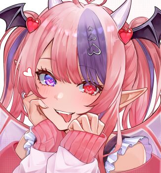 1girl ahoge blush commentary demon_girl demon_horns demon_wings english_commentary hair_ornament head_wings heart heart_ahoge heart_hair_ornament heterochromia highres horns indie_virtual_youtuber ironmouse long_sleeves multicolored_hair pink_eyes pink_hair purple_eyes purple_hair purple_streaks saliva streaked_hair tongue tongue_out twintails uarimau virtual_youtuber white_background white_horns wings