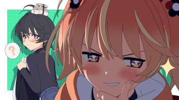 +_+ 2girls 3d ? ahoge animal animal_on_head artist_request black_hair blender_(medium) blonde_hair blue_shorts blush border bright_pupils cel_rendering closed_mouth commentary_request cowboy_shot dot_mouth dot_nose dotted_background facing_viewer flower from_behind glasses green_background grin hair_flower hair_ornament half-closed_eyes hamster hand_on_own_chin hand_up highres holding holding_hoodie holding_unworn_clothes hood hood_down hoodie long_sleeves looking_at_another looking_back medium_hair multicolored_eyes multicolored_hair multiple_girls on_head orange_hair orange_hoodie outside_border pink_eyes portrait purple_eyes rinne_(rinrinne) rinrinne semi-rimless_eyewear short_hair shorts siblings sideways_glance simple_background sisters smile spoken_question_mark standing streaked_hair teeth turtleneck two_side_up v-shaped_eyebrows virtual_youtuber white_border white_pupils