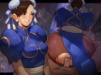 1boy 1girl anal ass blush brown_eyes brown_hair brown_pantyhose capcom china_dress chinese_clothes chun-li commentary double_bun dress earrings erection fluffydango hair_bun hetero highres jewelry pantyhose pearl_earrings penis sex smile street_fighter sweat sweatdrop