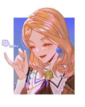 Rule 34 | 1girl, abi (no.129), blonde hair, blue background, blush, border, breasts, brown dress, closed eyes, collared dress, commentary, dress, earrings, english commentary, fire emblem, fire emblem: three houses, fire emblem warriors: three hopes, gradient background, highres, jewelry, long hair, medium breasts, mercedes von martritz, nintendo, official alternate costume, official alternate hairstyle, open mouth, parted bangs, pinky out, pinky swear, smile, solo, upper body, white border