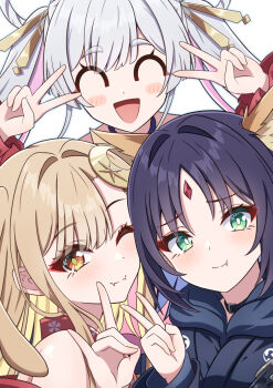 Rule 34 | :d, :t, ^ ^, animal ears, blonde hair, blue hoodie, brown eyes, cho kaguya-hime!, closed eyes, closed mouth, commentary request, crescent, crescent hair ornament, double v, eyeshadow, fangs, fox shadow puppet, green eyes, grey hair, hair ornament, hair rings, hair stick, highres, hood, hoodie, kaguya (cho kaguya-hime!), long hair, looking at viewer, lop rabbit ears, makeup, one eye closed, open mouth, parted bangs, purple hair, rabbit ears, red eyeshadow, runami yachiyo, sakayori iroha, short hair, smile, synn032, twintails, upper body, v, v over eye, white background