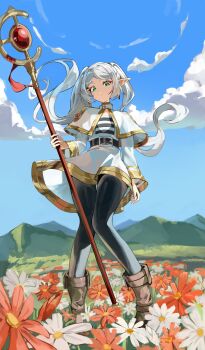 1girl absurdres belt black_belt black_pants blue_sky brown_shoes capelet commentary day dress earrings elf field flower flower_field frieren green_eyes highres holding holding_staff jewelry long_hair looking_at_viewer mage_staff mountain pants pantyhose parted_bangs pointy_ears ppangchil shoes sky solo sousou_no_frieren staff teardrop_earrings twintails white_capelet white_dress white_hair