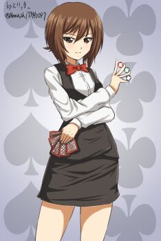 1girl artist_name between_fingers brown_eyes brown_hair card casino commentary_request girls_und_panzer holding holding_card holding_poker_chip long_skirt long_sleeves looking_at_viewer nishizumi_maho poker_chip red_ribbon ribbon shirt short_hair skirt smile solo twitter_username white_shirt zanntetu