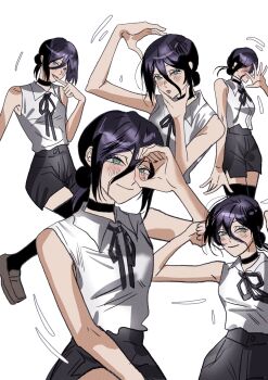 1girl bare_arms black_choker black_ribbon black_shorts black_thighhighs blush breasts brown_shoes busuttt chainsaw_man choker closed_mouth collared_shirt commentary dancing english_commentary finger_to_mouth green_eyes hair_between_eyes hair_bun hand_on_own_chin hand_on_own_head highres loafers medium_breasts medium_hair multiple_views neck_ribbon purple_hair reze_(chainsaw_man) ribbon shirt shoes shorts sleeveless sleeveless_shirt smile solo thighhighs tongue tongue_out updo white_background white_shirt