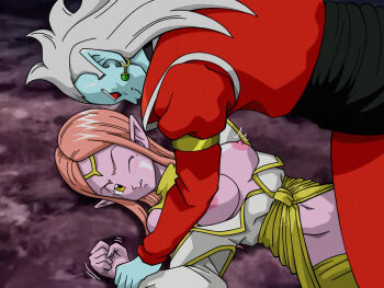 1boy 1girl alternate_form bare_shoulders black_eyes black_sash black_shirt blue_skin breasts breasts_out chronoa colored_sclera colored_skin commission detached_sleeves dragon_ball dragon_ball_heroes drawingsgmr earrings eye_contact hair_slicked_back half-closed_eye hetero holding_another&#039;s_wrist jewelry large_breasts light_blush long_hair long_pointy_ears long_sleeves looking_at_another lying mechikabura navel nipples off_shoulder on_back one_eye_closed orange_hair pants pink_skin pointy_ears potara_earrings red_robe red_sclera robe sash shirt sleeveless sleeveless_turtleneck smile turtleneck white_hair white_robe white_sleeves yellow_eyes yellow_pants yellow_sash yellow_shirt