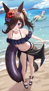 2girls absurdres animal_ears bare_shoulders beach bikini black_bikini black_sarong blush breasts brown_hair cleavage collarbone dress_swimsuit ear_flower flipped_hair floating flower hair_flower hair_ornament hair_over_one_eye highres holding holding_swim_ring horse_ears horse_girl horse_tail innertube long_hair looking_at_viewer mejiro_mcqueen_(ripple_fairlady)_(umamusume) mejiro_mcqueen_(umamusume) multiple_girls navel official_alternate_costume open_mouth outdoors purple_eyes purple_hair rice_shower_(umamusume) sandals sarong sky small_breasts stomach swim_ring swimsuit tail twintails umamusume wanderlucia water