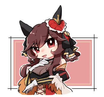 1girl :d animal_ears bare_shoulders beer_hsk braid breasts brown_hair cropped_torso gentildonna_(umamusume) gloves hair_rings heart horse_ears medium_breasts open_mouth pink_background red_eyes see-through_cleavage see-through_clothes smile solo twin_braids two-tone_background umamusume upper_body white_background white_gloves