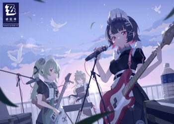 Rule 34 | 3girls, alexandrina sebastiane, apron, band (music), bird, black hair, black nails, blue sky, bottle, chinese commentary, cloud, commentary request, corin wickes, earrings, electric guitar, ellen joe, grey hair, guitar, hibiki-147, highres, holding, holding guitar, holding instrument, holding microphone, holding plectrum, instrument, jewelry, keyboard (instrument), maid apron, maid headdress, microphone, multiple girls, plectrum, puffy short sleeves, puffy sleeves, purple eyes, red eyes, screw hair ornament, short sleeves, sky, sun, twintails, water bottle, zenless zone zero
