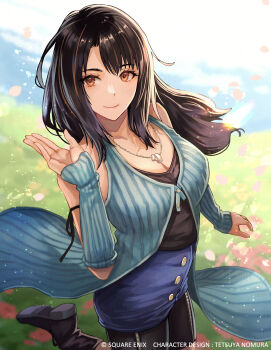 1girl arm_up bare_shoulders bike_shorts black_boots black_hair black_ribbon black_shirt black_shorts blue_arm_warmers blue_cardigan blue_skirt blurry blurry_background boots breasts brown_eyes brown_hair buttons cardigan cleavage closed_mouth cowboy_shot falling_petals field final_fantasy final_fantasy_viii flower flower_field hair_between_eyes highres jewelry long_hair medium_breasts multicolored_hair necklace official_art petals pink_petals ribbon ring ring_necklace rinoa_heartilly shirt shorts skirt sleeveless sleeveless_shirt solo square_enix standing standing_on_one_leg streaked_hair waving