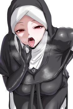 absurdres black_gloves breasts commentary_request elbow_gloves elden_ring elden_ring_nightreign fellatio_gesture gloves hanging_breasts highres large_breasts nun red_eyes saliva simple_background tongue tongue_out undertaker_(elden_ring) veil white_background woo_(woosan)