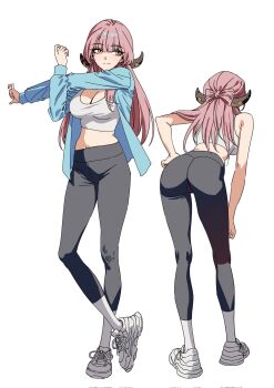 Rule 34 | 1girl, alternate costume, aru (blue archive), ass, blue archive, blue jacket, breasts, brown horns, cleavage, crop top, cross-body stretch, demon horns, from behind, full body, halo, highres, hongcasso, horns, jacket, large breasts, long hair, low horns, multiple views, no halo, open clothes, open jacket, pants, pink hair, shirt, solo, white shirt, yoga pants