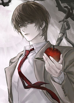 Rule 34 | 1boy, 8knff, apple, brown eyes, brown hair, brown jacket, buttons, closed mouth, collared shirt, death note, food, fruit, holding, holding food, holding fruit, jacket, long sleeves, looking at viewer, male focus, necktie, open clothes, open jacket, red necktie, shirt, solo, suit jacket, upper body, white shirt, yagami light