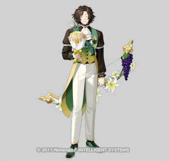 1boy arrow_(projectile) ascot black_hair black_shirt bouquet bow_(weapon) closed_eyes closed_mouth commentary_request facing_viewer fire_emblem fire_emblem_engage fire_emblem_heroes flower food fruit gradient_vest grapes green_vest holding holding_bouquet holding_bow_(weapon) holding_weapon isamu long_sleeves louis_(fire_emblem) louis_(petal_knight)_(fire_emblem) male_focus nintendo official_alternate_costume official_art pants quiver shirt shoes vest weapon white_ascot white_pants