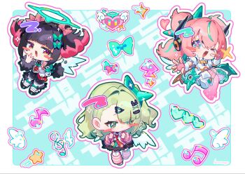 3girls angels_of_delusion aqua_hair aqua_streaks aria_(zenless_zone_zero) arm_warmers black_skirt blue_background blue_eyes blush border bow checkered_necktie chibi chibi_only colored_inner_hair dress earrings fingerless_gloves fur-trimmed_skirt fur-trimmed_sleeves fur_trim gloves green_bow green_eyes green_hair green_halo hair_bow hair_ornament halo hashtag-only_commentary heart heart_hair_ornament highres jewelry leg_warmers looking_at_viewer multicolored_hair multiple_girls multiple_hair_bows multiple_hair_clips musical_note musical_note_earrings nangong_yu necktie one_eye_closed open_mouth outline pink_arm_warmers pink_bag pink_bow pink_gloves pink_hair pink_leg_warmers red_eyes red_necktie shirt shoes short_twintails skirt sparkle star_(symbol) streaked_hair striped_arm_warmers striped_leg_warmers sunna_(zenless_zone_zero) twintails white_border white_dress white_outline white_shirt white_shoes white_wings winged_bag wings wzoarrylmovmuju zenless_zone_zero