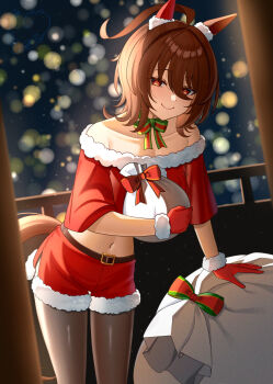 1girl agnes_tachyon_(umamusume) animal_ears bare_shoulders black_pantyhose blurry blush bokeh breasts brown_hair brown_tail christmas cleavage closed_mouth collarbone commentary_request depth_of_field ear_covers fur-trimmed_gloves fur_trim gloves hair_between_eyes hair_intakes highres holding holding_sack horse_ears horse_girl horse_tail large_breasts looking_at_viewer medium_hair midriff motusii navel panties_under_shorts pantyhose red_eyes red_gloves red_shirt red_shorts sack shirt shorts smile solo tail umamusume