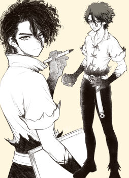 Rule 34 | 1boy, absurdres, belt, black hair, closed mouth, cross-laced clothes, cross-laced top, dr. stone, fingernails, full body, greyscale with colored background, hair between eyes, hand on own hip, highres, holding, holding pen, holding pencil, looking at viewer, looking back, male focus, monochrome, multiple views, nanami sai, ninomae gin, pants, pen, pencil, scar, sharp fingernails, shirt, short hair, short sleeves, simple background, smile, solo, solo focus, standing, torn clothes, upper body, yellow background