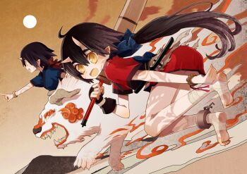 bad_id bad_pixiv_id bandages barefoot black_hair blade_chronicle blue_oni brown_eyes chain chiba_sadoru demon_girl feet happy horns jumping knife long_hair monster mythological_creature oni pointing ponytail red_oni sencha soles