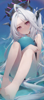 1girl absurdres ahoge balloon bare_legs bare_shoulders barefoot black_halo black_one-piece_swimsuit blue_archive blush commentary demon_girl demon_horns doodle_sensei_(blue_archive) halo highres hina_(blue_archive) hina_(swimsuit)_(blue_archive) horns hugging_object long_hair looking_at_viewer old_school_swimsuit one-piece_swimsuit parted_bangs pink_eyes purple_eyes school_swimsuit sensei_(blue_archive) sitting solavit401 solo swimsuit very_long_hair water_balloon white_hair