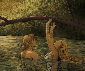 1boy 1girl bathing blonde_hair breasts commentary couple english_commentary highres idunalily link long_hair looking_at_another nintendo outdoors princess_zelda shirt the_legend_of_zelda the_legend_of_zelda:_breath_of_the_wild wading water water_drop wet wet_clothes wet_hair wet_shirt