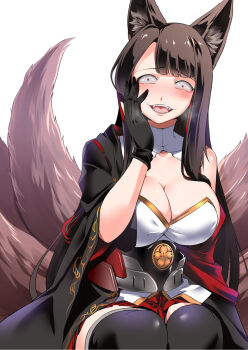 1girl akagi_(azur_lane) animal_ears azur_lane black_kimono blush breasts brown_hair cleavage constricted_pupils crazy crazy_eyes crazy_smile evil_smile eyeliner eyeshadow fangs female_focus fox_ears fox_girl fox_tail highres japanese_clothes kimono kitsune kyuubi large_breasts long_hair looking_at_viewer makeup multiple_tails off_shoulder open_mouth red_eyes seiza sitting smile solo steed_(steed_enterprise) tail wide-eyed yandere