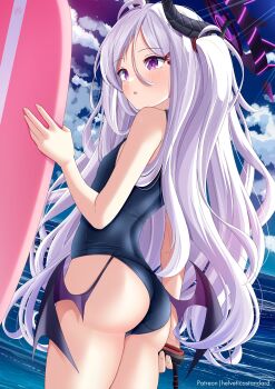1girl :o absurdres arched_back ass bare_shoulders black_halo black_horns blue_archive blue_one-piece_swimsuit blue_sky blush breasts cloud commentary day demon_girl demon_horns demon_wings dot_nose fingernails flat_chest from_side hair_between_eyes hair_ornament hairclip halo hand_up helvetica_std highres hina_(blue_archive) hina_(swimsuit)_(blue_archive) holding holding_surfboard horns loli long_hair looking_to_the_side low_wings multiple_horns ocean official_alternate_costume old_school_swimsuit one-piece_swimsuit open_mouth outdoors parted_bangs parted_lips patreon_username purple_eyes school_swimsuit side_ponytail sky small_breasts solo standing sunlight surfboard swimsuit thighs very_long_hair white_hair wings