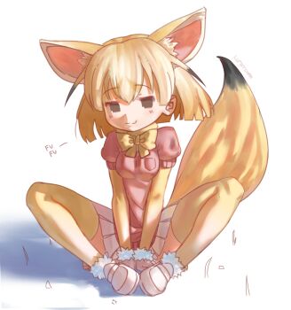 1girl animal_ears black_hair blonde_hair breasts breasts_squeezed_together brown_eyes commentary english_commentary fennec_(kemono_friends) fox_ears fox_girl fox_tail full_body fur_trim highres indian_style kemono_friends lumpychan medium_breasts miniskirt multicolored_hair no_sclera pleated_skirt shoes sitting skirt smile solo streaked_hair tail thighhighs two-tone_hair white_shoes white_skirt yellow_thighhighs