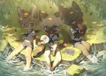 3boys angrygentoo animal_ears black_hair blue_eyes blue_neckerchief blue_sailor_collar blush body_fur briefs bulge cat_boy cat_ears cat_tail day eating falling_leaves fang food furry furry_male grass green_eyes grey_hair hand_fan highres holding holding_fan holding_food hot leaf light_rays looking_at_viewer loose_socks male_focus male_underwear multiple_boys neckerchief one_eye_closed open_mouth original outdoors print_male_underwear sailor_collar shirt short_hair shorts shota sitting socks splashing star_(symbol) star_print sweat tail twitter_username underwear unworn_shorts water water_drop whiskers white_hair white_shirt