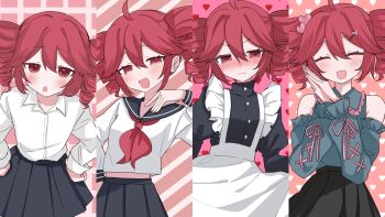 1girl :3 :o :s absurdres ahoge apron bare_shoulders blush bow closed_eyes closed_mouth collarbone collared_shirt confrontation detached_sleeves diagonal-striped_background double-parted_bangs dress_shirt drill_hair embarrassed flustered frilled_shirt_collar frilled_sleeves frills furrowed_brow grid_background hair_ornament hairclip half-closed_eyes hand_up happy head_tilt heart heart_background heart_hair_ornament highres in_heat jirai_kei kasane_teto leaning_forward looking_at_viewer maid maid_apron midriff_peek multiple_expressions naughty_face open_mouth own_hands_together pleated_skirt red_bow red_eyes red_hair sailor_collar school_uniform serafuku shirt sidelocks skirt skirt_hold sleeveless sleeveless_shirt striped_background twin_drills utau white_shirt yukia_1128