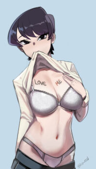 1girl arm_behind_back artist_name black_eyes black_hair blue_background body_writing bra breasts cleavage clothes_lift clothes_pull cowboy_shot english_text groin hand_on_own_chest highres komi-san_wa_komyushou_desu komi_shuuko lace lace-trimmed_bra lace_trim large_breasts mature_female mouth_hold navel panties self_exposure sho-n-d skirt skirt_pull solo sweater sweater_lift toned underwear