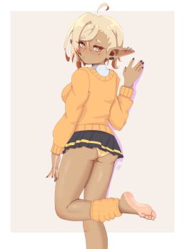1girl ass barefoot blonde_hair blush dark-skinned_female dark_skin feet highres leg_warmers looking_at_viewer medium_hair multicolored_hair original panties pantyshot pointy_ears soles streaked_hair toes treepxiv underwear yellow_eyes