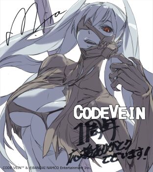 1girl black_sclera blue_hair blue_skin breasts code_vein colored_sclera colored_skin crop_top highres invading_executioner ito_michiaki large_breasts long_hair looking_at_viewer red_eyes second-party_source smile solo