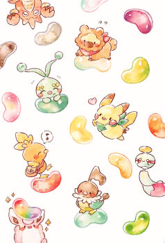 Rule 34 | absurdres, bidoof, candy, chatot, colored pencil (medium), commentary request, corphish, flying sweatdrops, food, gen 1 pokemon, gen 3 pokemon, gen 4 pokemon, happy, heart, highres, jelly bean, legendary pokemon, manaphy, musical note, mythical pokemon, nintendo, no humans, painting (medium), pikachu, pokemon, pokemon (creature), pokemon mystery dungeon, spoken musical note, torchic, traditional media, watercolor (medium), white background, wigglytuff, yukichi 0611