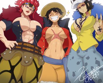 3girls abs absurdres black_eyes black_hair breast_tattoo breasts cabbagebinn cleavage_cutout closed_eyes clothing_cutout cloud eustass_kid female_focus genderswap genderswap_(mtf) glasses_on_head happy hat highres large_breasts laughing lipstick looking_at_viewer makeup midriff monkey_d._luffy multiple_girls muscular muscular_female navel one_piece pirate pirate_costume pirate_hat red_eyes red_hair scar scar_on_arm scar_on_chest scar_on_face serious sideboob smile star_(symbol) straw_hat tattoo thick_thighs thighs threatening trafalgar_law underboob white_hair