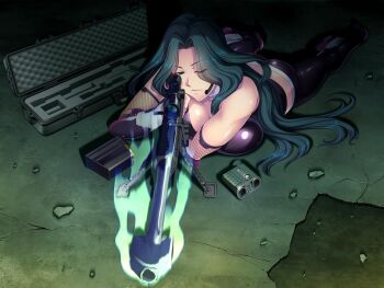 1girl ass binoculars breasts female_focus gun large_breasts latex long_hair lying makishima_ayame rifle sniper sniper_rifle solo taimanin_(series) taimanin_kurenai weapon zol