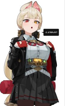 alice_thymefield animal_ears black_jacket black_skirt blush breasts heterochromia highres jacket large_breasts looking_at_viewer open_clothes open_jacket open_mouth pleated_skirt rabbit_ears red_eyes shinarika396 shirt skirt speech_bubble twintails white_shirt yellow_eyes zenless_zone_zero