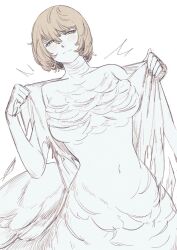 Rule 34 | 1girl, blonde hair, blush, breasts, chimera, collarbone, dungeon meshi, falin touden, falin touden (chimera), feathered wings, feathers, large breasts, midriff, monster girl, navel, shirt, short hair, spoilers, torn clothes, underboob, wenli, wings, yellow eyes